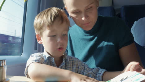 son and mother with pictured book in train