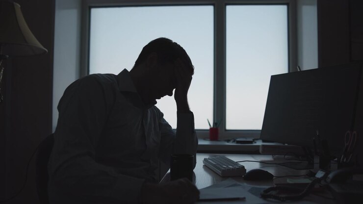 Silhouetted office worker holds corded phone beside large desk in backlit office with window glow, showing focused posture, serious mood, and quiet corporate workspace atmosphere, with silhouette