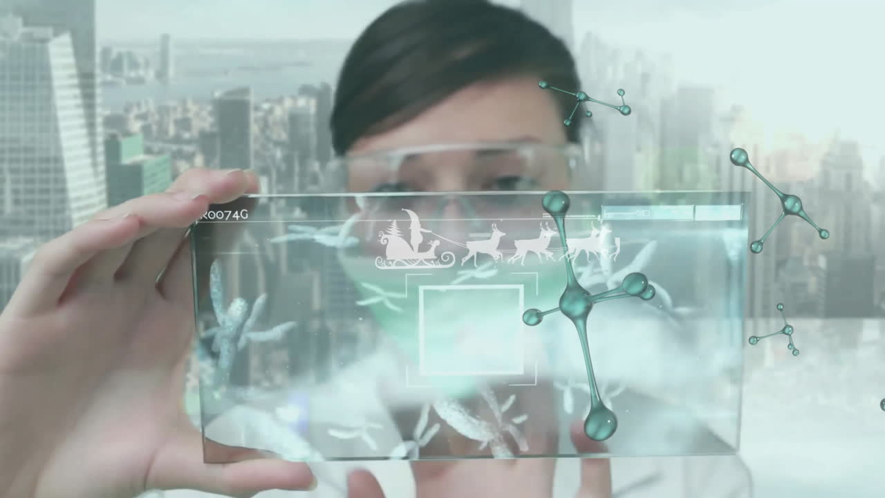 Examining futuristic transparent screen, scientist analyzing molecular structures in lab animation