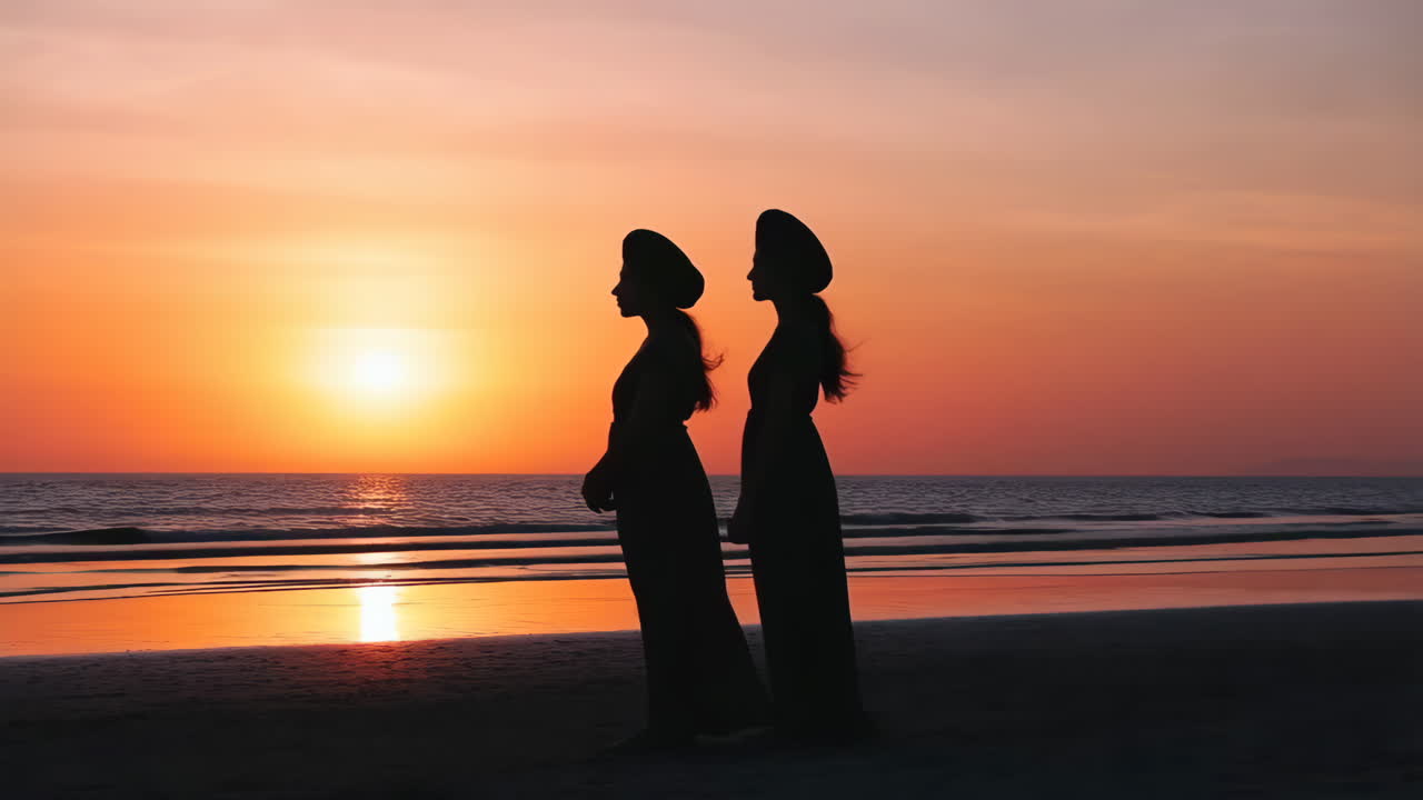 Silhouettes of Two Women on a Beach at Sunset