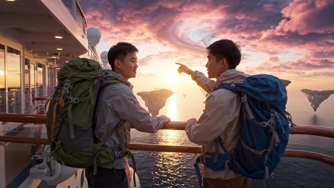 鮮やかな空に劇的に渦巻く雲と浮かぶ島々を鑑賞しながら、バックパックを背負った2人のハイカーがクルーズデッキから穏やかな夕日を眺めています。