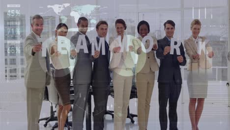 happy business people working together in an office setting, spelled out in letters to represent tea