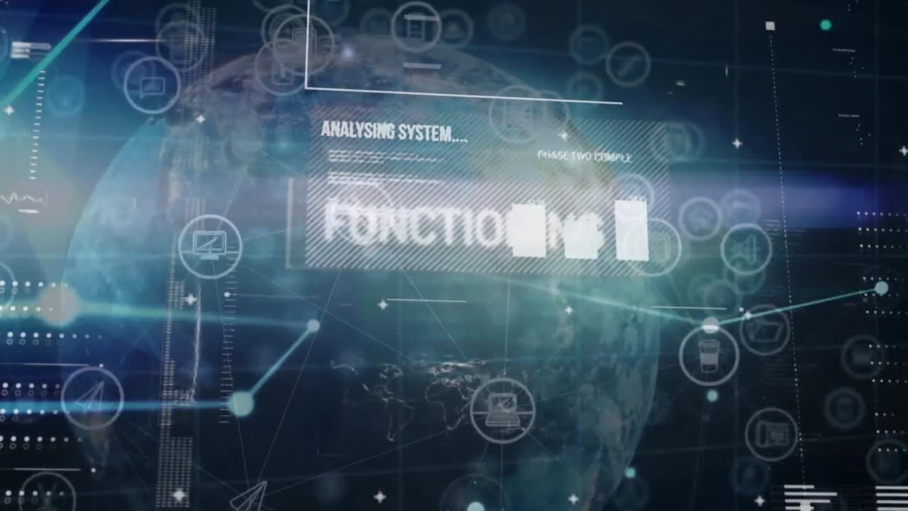 Animazione di linguaggio informatico e punti connessi su icone intorno al globo su uno sfondo astratto