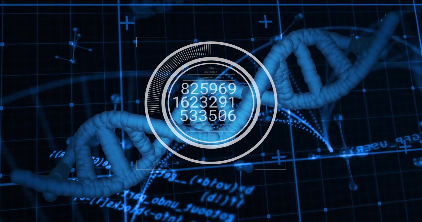 HUD appearing over blue DNA helix reticle scanning rings rotating numbers cycling for diagnosis