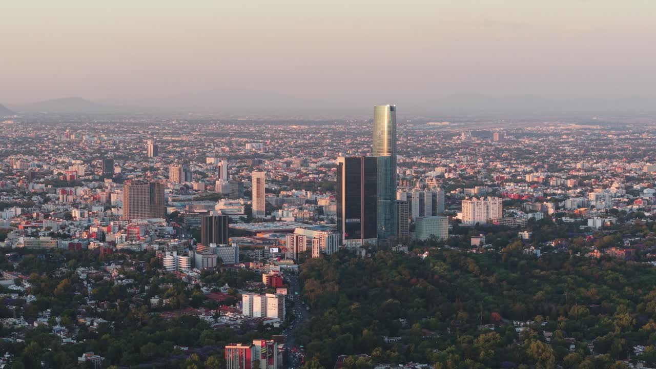 Drone still shot of a springtime sunset over CDMX