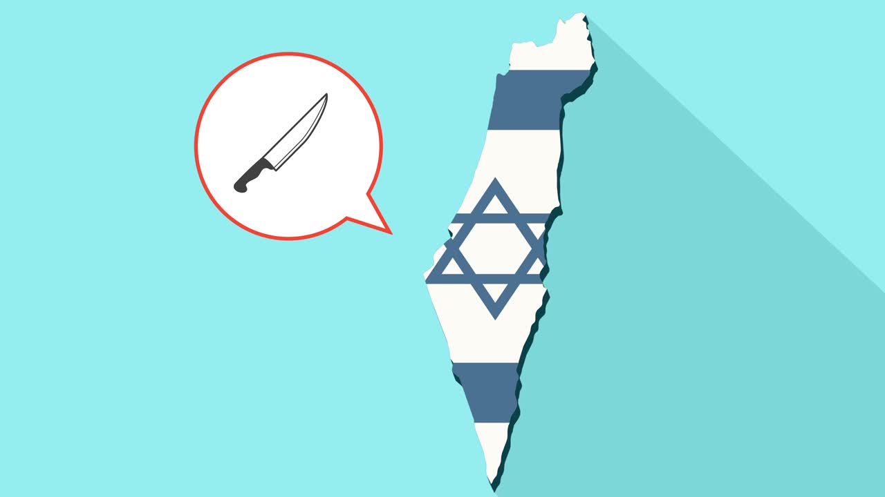 animación de una larga sombra mapa de israel con su bandera y un globo cómico con un icono de cuchillo