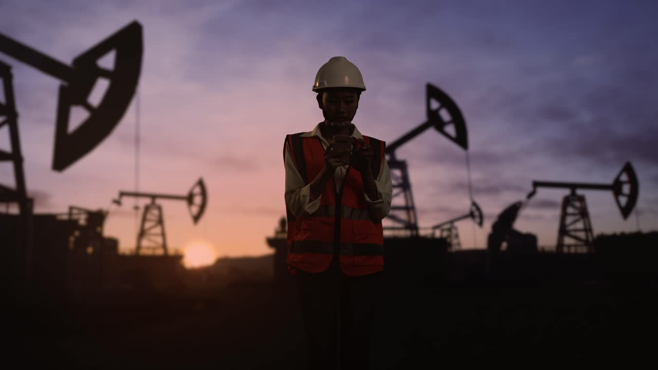 ingeniera asiática con casco de seguridad usando un teléfono inteligente inspecciona bombas de petróleo al amanecer en un gran campo petrolífero