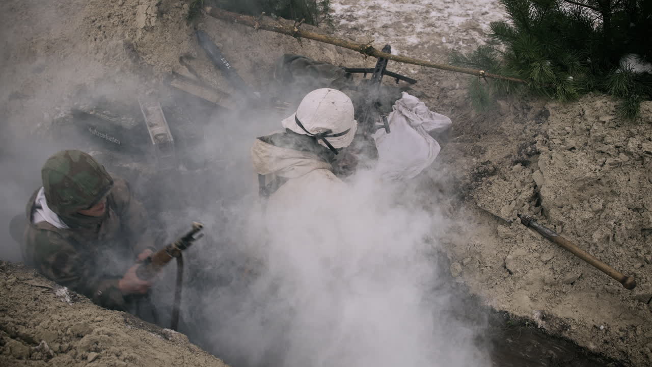 Soldiers in a Trench During Winter Warfare