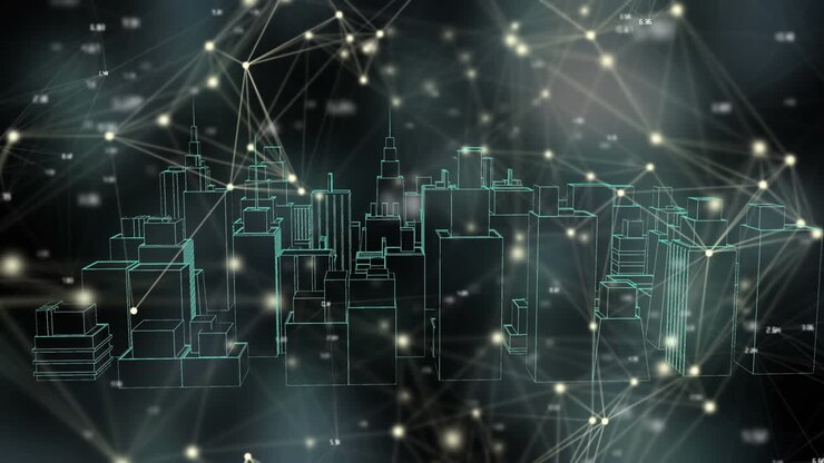 Animation of network of connections over 3d cityscape drawing