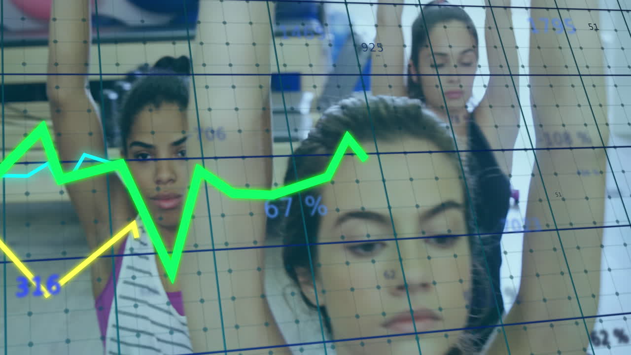 animación de gráficos con números cambiantes, diversas amigas practicando yoga