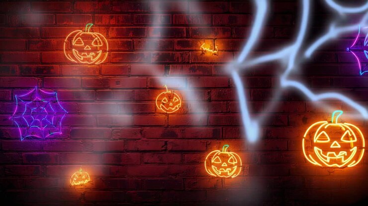 Drifting mist from right forming white neon web on brick-wall with orange pumpkin signs