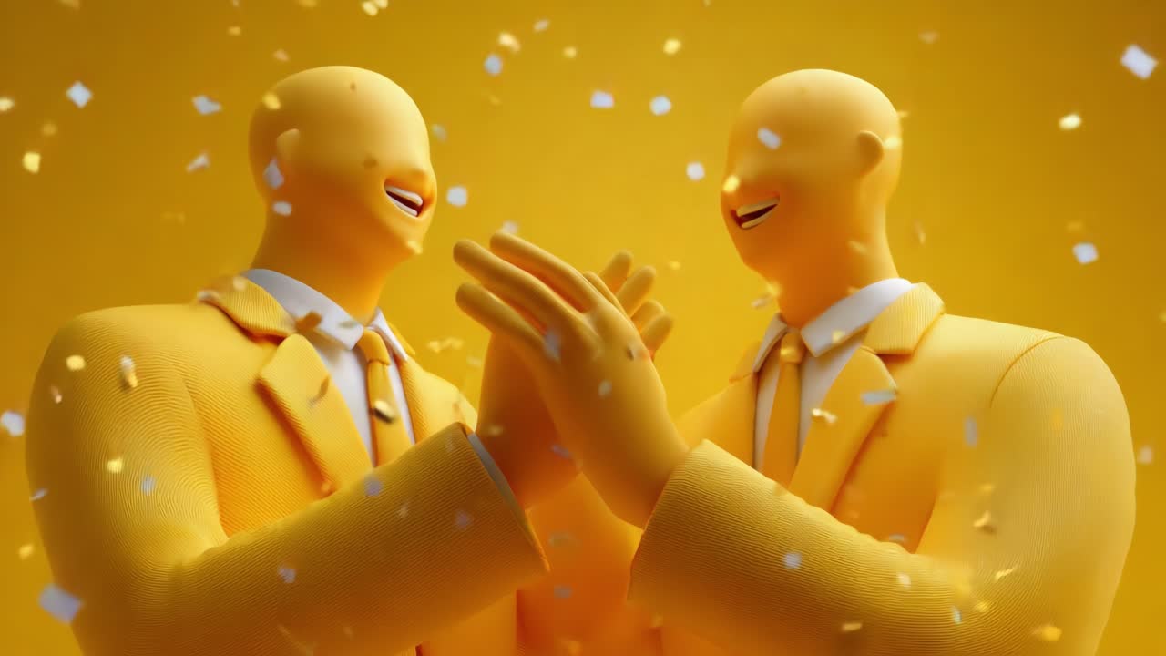 Joyful Celebration with Two Yellow Figures Sharing Laughter and Applause Amidst a Shower of Confetti, Symbolizing Friendship, Success, and Happiness in a Vibrant Atmosphere
