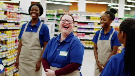 grocery store employees laughing together