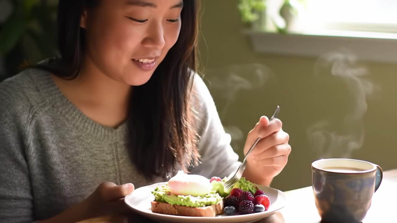 Enjoying a Delicious Breakfast of Avocado Toast, Fresh Berries, and a Warm Cup of Coffee, Captured in a Bright and Cozy Kitchen Setting