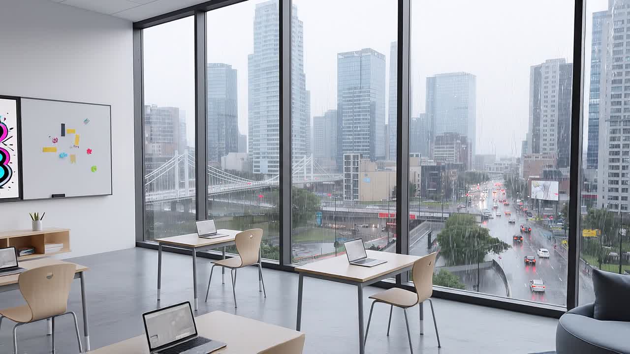 Interno di un'aula moderna con portatili sulle scrivanie, grandi finestre sulla città, vista dello skyline sotto la pioggia e messaggio di benvenuto su schermo digitale