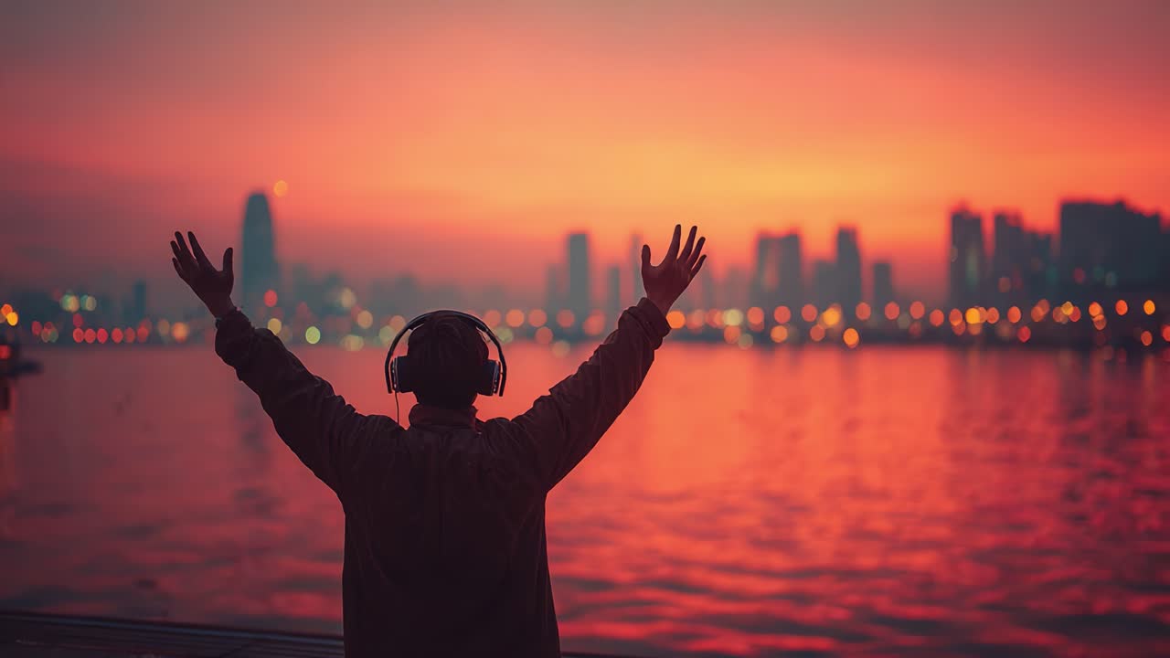 A solo figure enjoys the breathtaking sunset over the water, arms raised in celebration as vibrant colors illuminate the sky and city skyline, evoking a sense of freedom and joy