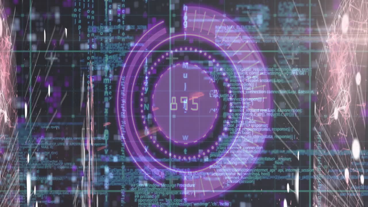 Displaying number 373, digital interface with animation and purple circular graphics