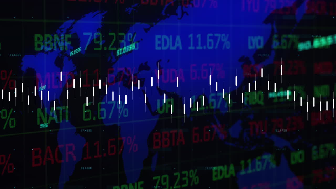 animación del procesamiento de datos del mercado de valores sobre el mapa del mundo contra un fondo negro