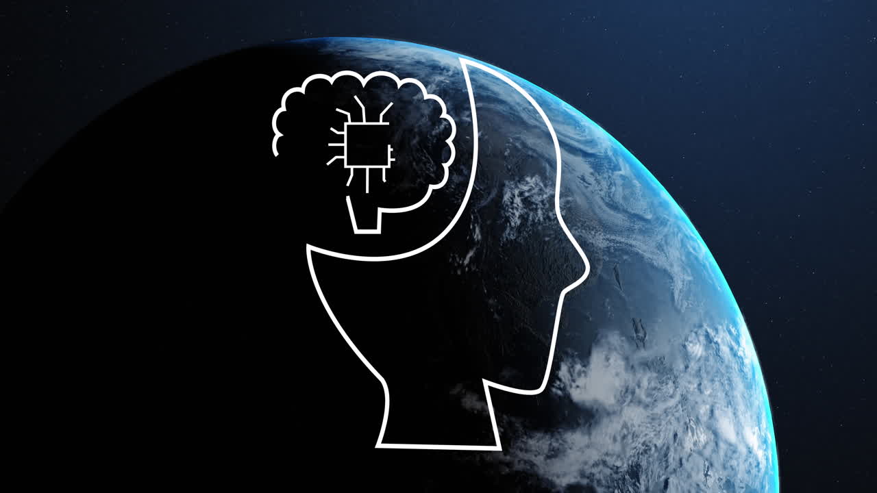 지구와 어두운 배경 위에 있는 데이터 처리 아이콘의 애니메이션