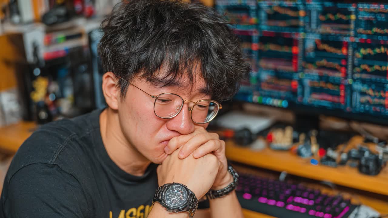 A Frustrated Investor Contemplates Market Trends Amidst Volatile Chart Data in a Home Office Setting