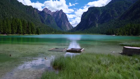 lake dobbiaco in the dolomites, italy