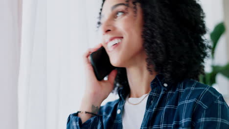 Woman,-smile-and-phone-call-in-home