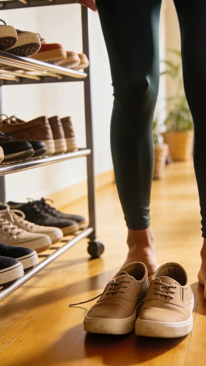 Video verticale: Donna in pantaloni color verde acqua che prende le scarpe da ginnastica dallo scaffale e le allaccia all'ingresso, preparandosi a uscire.
