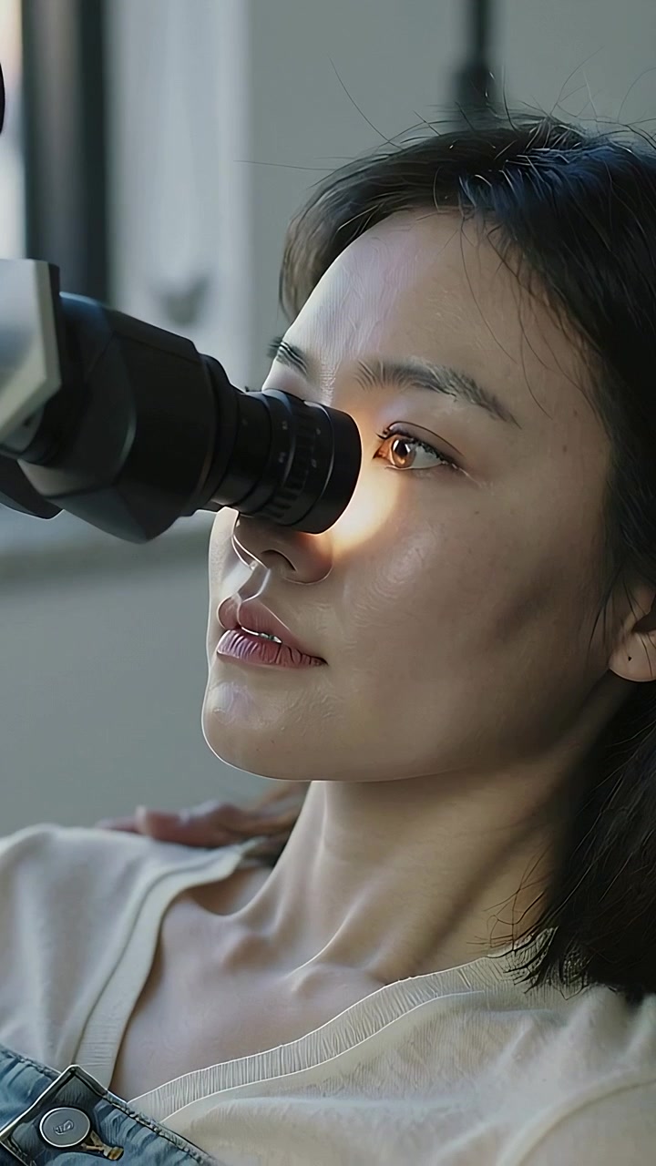 Vertical video: Entering doc hand aligning slit lamp, examining patient's right eye in clinic