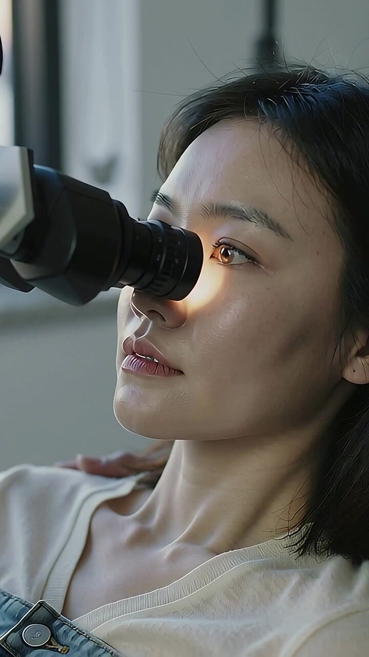 Vertical video: Entering doc hand aligning slit lamp, examining patient's right eye in clinic