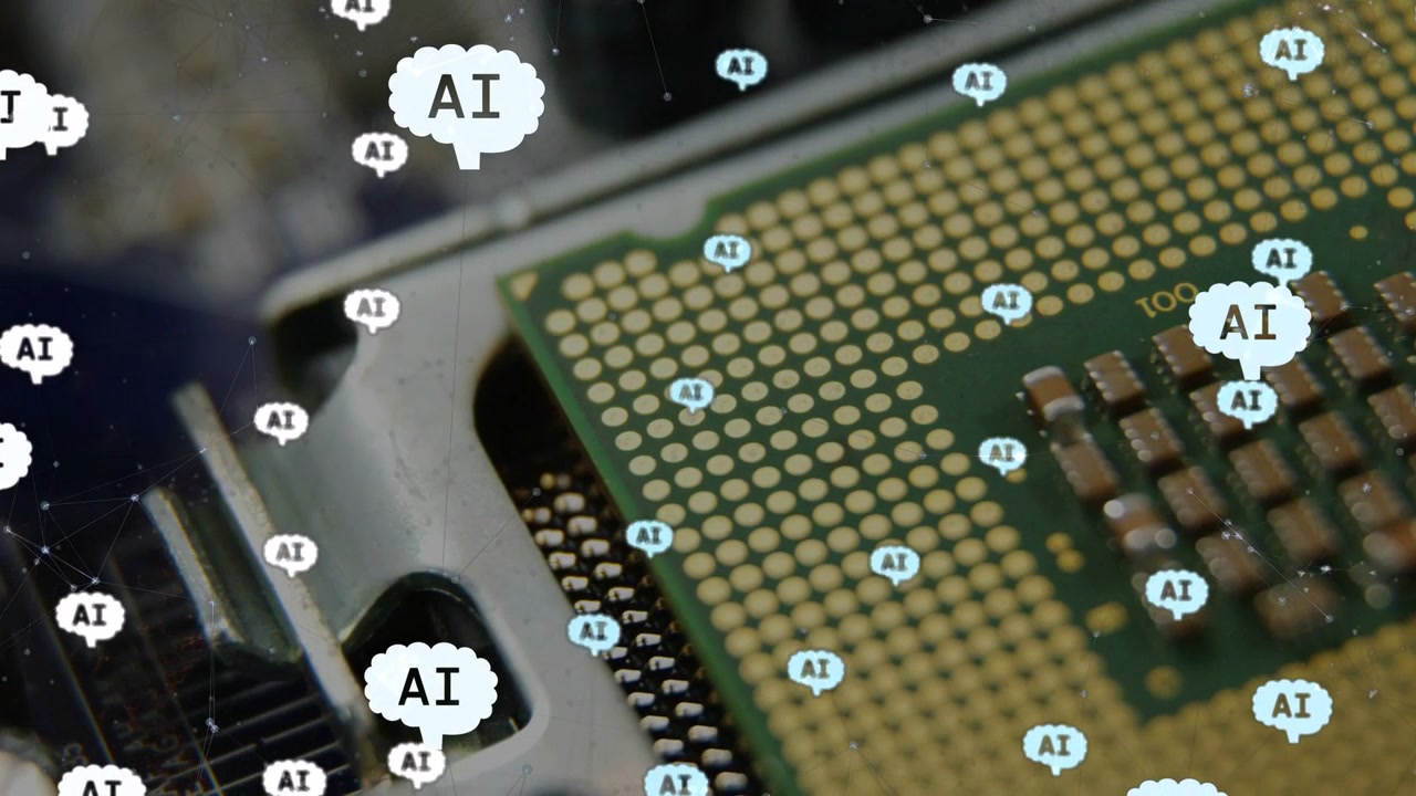 Kamera panorerer til høyre og zoomer inn, avslører CPU-pads mens AI-bobler svever, viser pad-detaljer