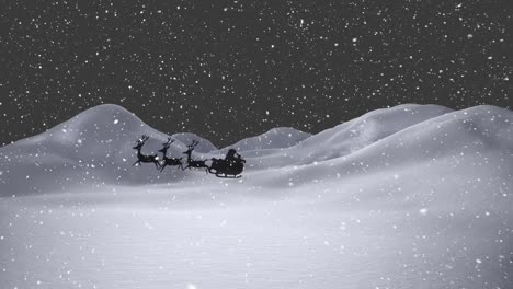 animation of santa claus in sleigh with reindeer over snow falling on winter landscape