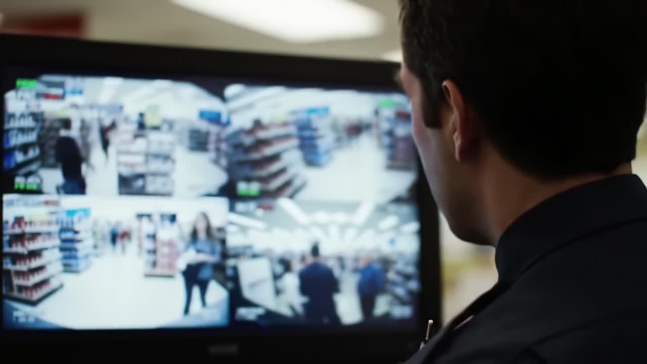 A security personnel is observing multiple camera feeds in a retail store. The monitors show various shoppers browsing aisles filled with products during a busy afternoon.