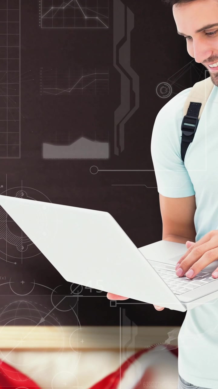 Animation of male student using laptop moving over blackboard and american flag