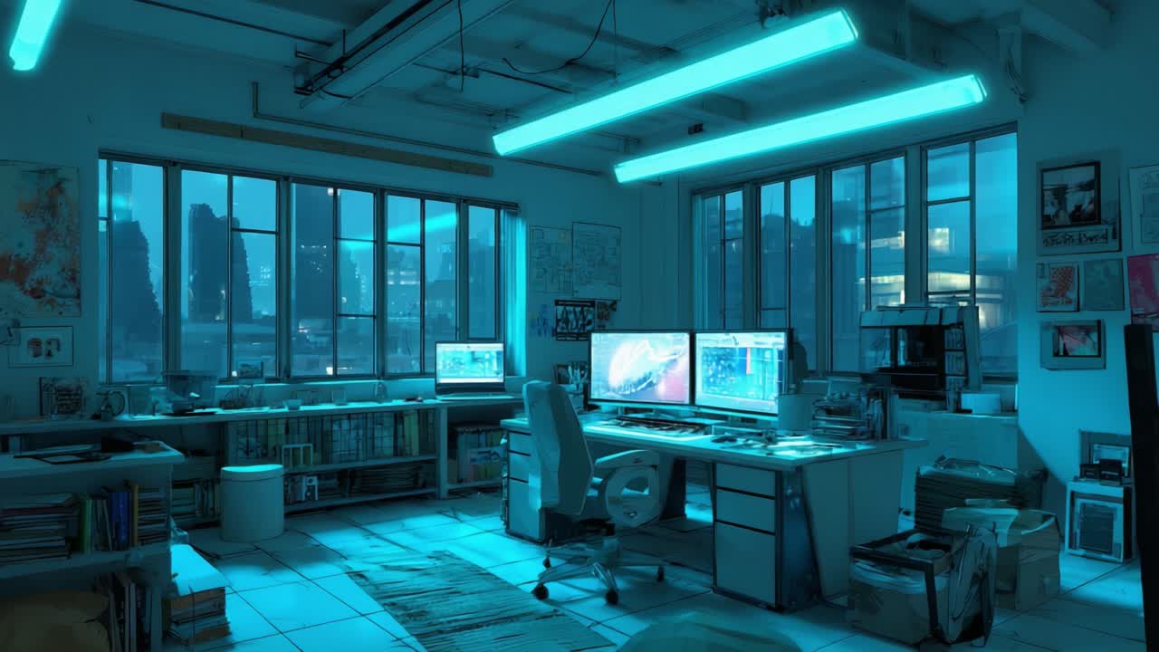 A Modern Workspace Bathed in Cool Blue Light: A Contemporary Office with Dual Computer Screens, Organized Shelves, and Cozy Details, Showcasing an Inspired Atmosphere for Creativity and Focus