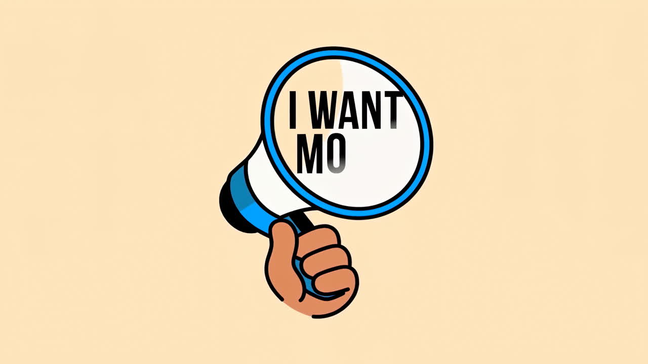 Animated Hand Holding Megaphone with "I Want More" Text
