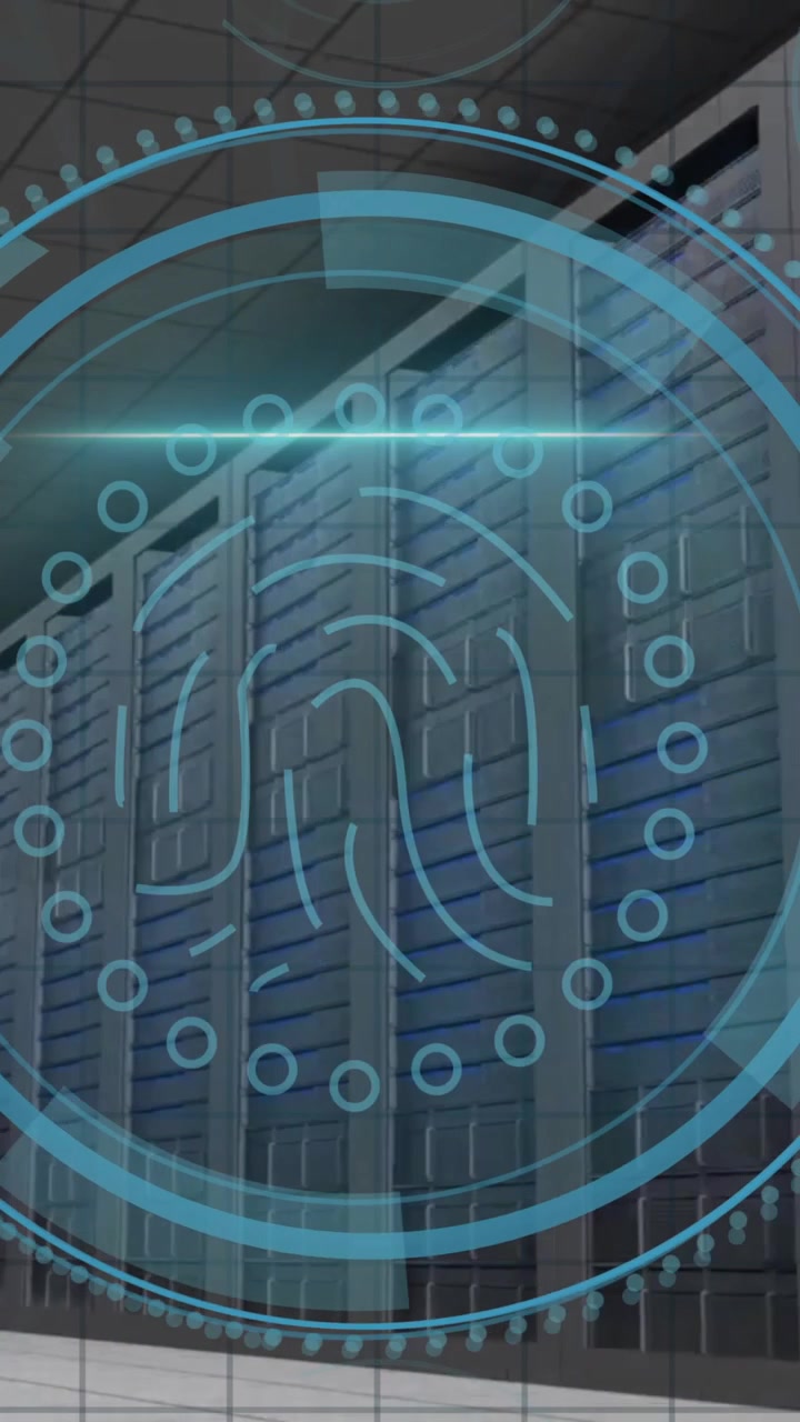 Overlaying animation, digital security icons on data center server racks
