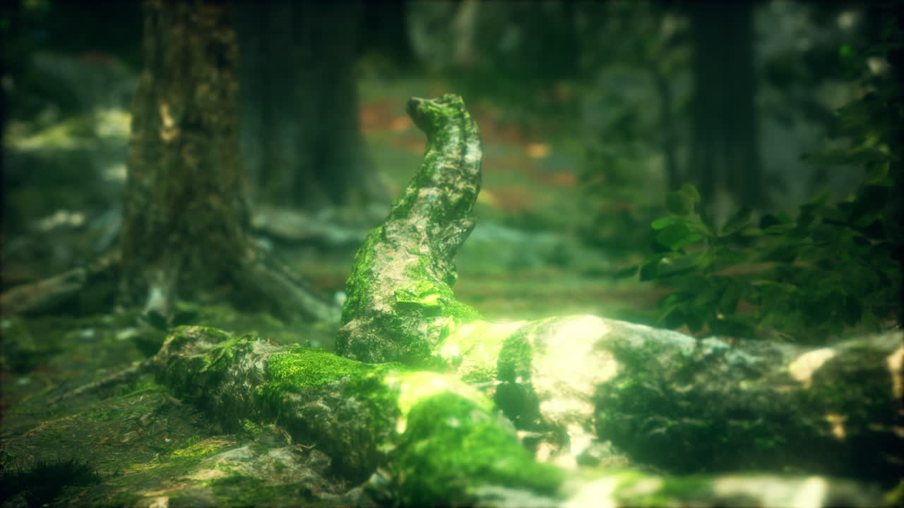 árboles viejos con liquen y musgo en el bosque verde