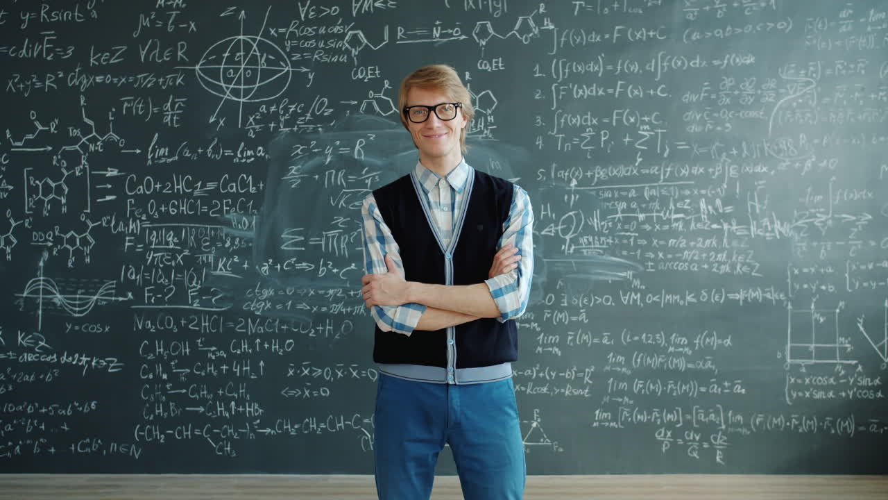 Confident Professor in front of a Chalkboard full of Equations