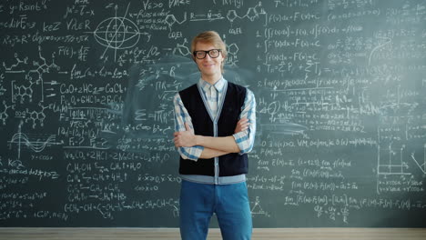 confident professor in front of a chalkboard full of equations