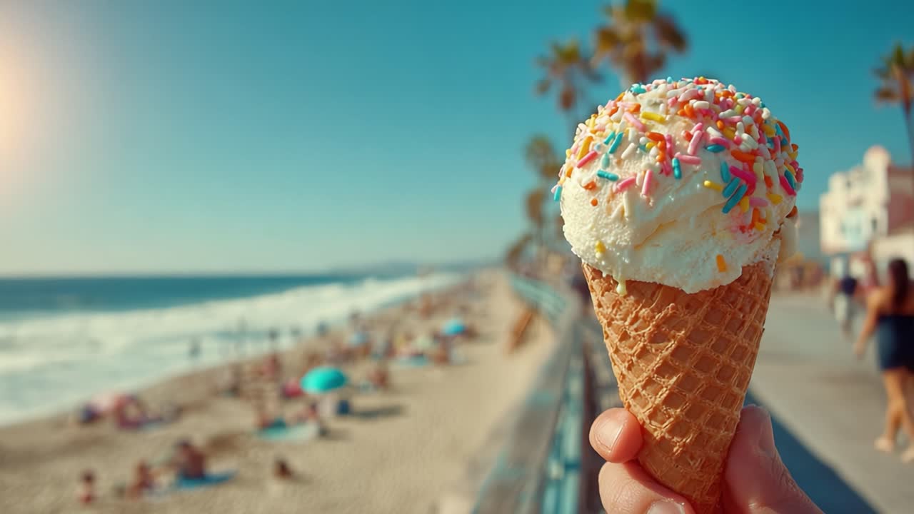 Un delizioso cono gelato adornato con codette colorate, immortalato su uno sfondo di spiaggia panoramica, perfetto per un rinfrescante piacere estivo.