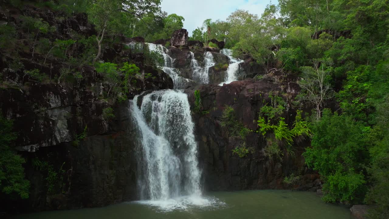 cedar creek falls cascadas de agua drone aéreo australia whitsundays airlie beach proserpine palm grove qld queensland estación lluviosa húmeda primavera verano otoño invierno soleado nublado hacia atrás pan up movimiento