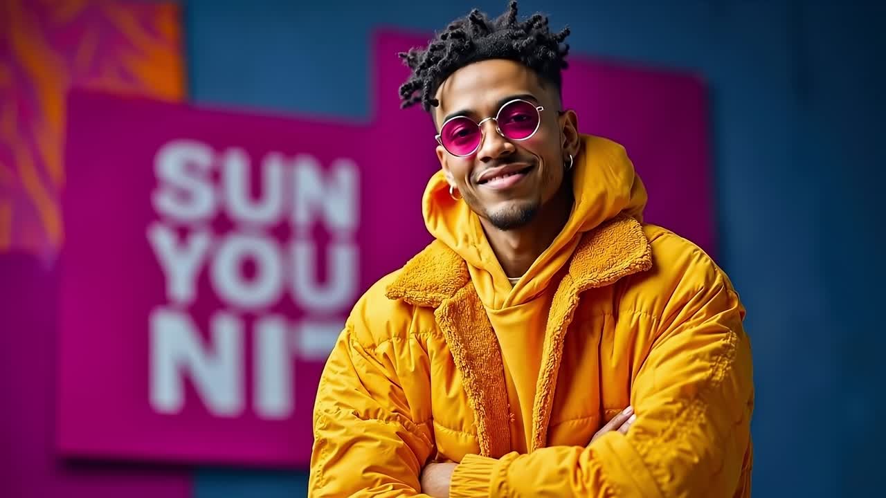 A man in a yellow jacket and sunglasses standing in front of a colorful wall