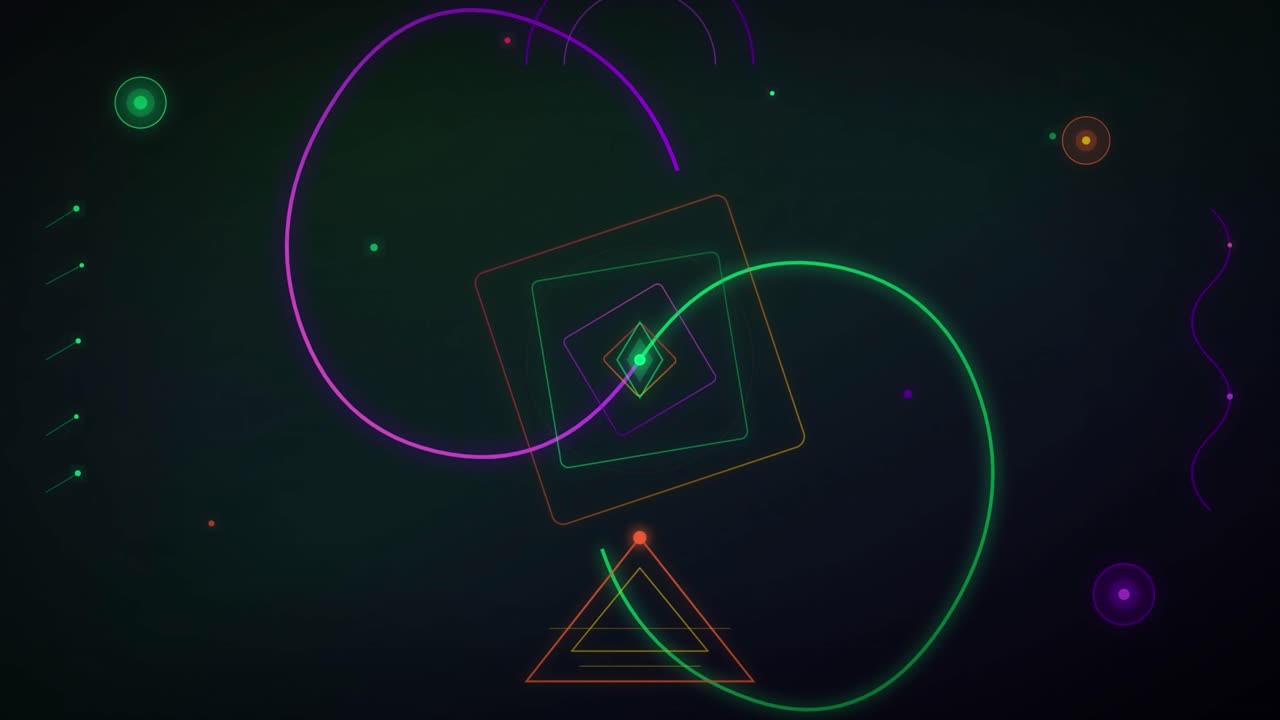 Neon geometriske former med kredsende linjer og glødende partikler på mørk baggrund, der skaber en abstrakt futuristisk animation designet til visuelle effekter, motion graphics og videoredigeringsoverlays.