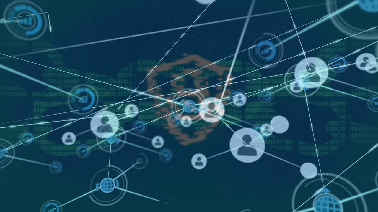 파란색 배경에 대한 보안 잠금과 사슬 아이콘 위의 프로필 아이콘 네트워크의 애니메이션