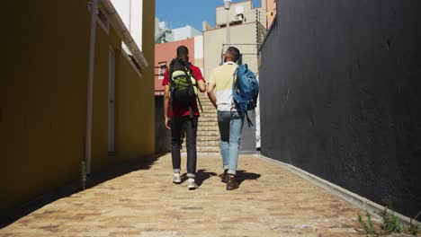 back view of two mixed race male friends walking in the street