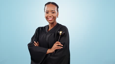 judge woman, face and arms crossed in studio