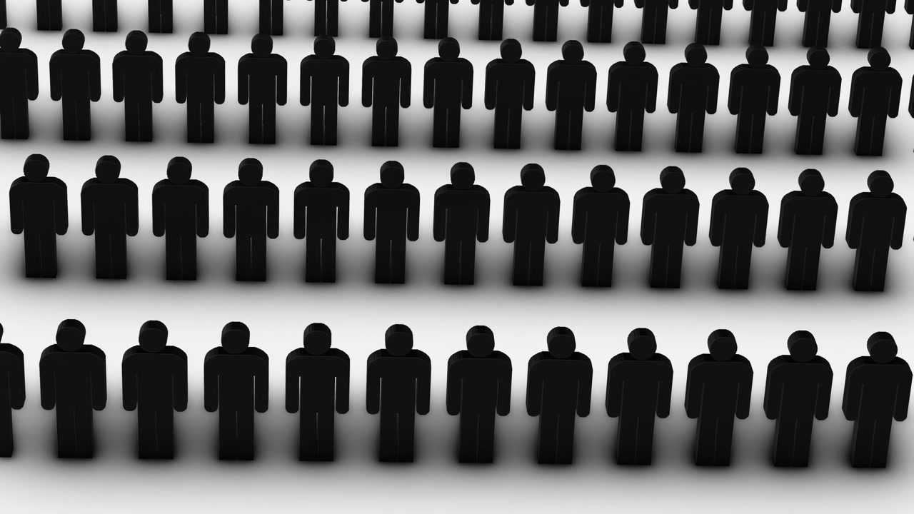 Black 3D Male Figures Closely Aligned on White Floor with Shadow. Ideal for themes of big data, demographic studies, digital networking, human resources, market research.