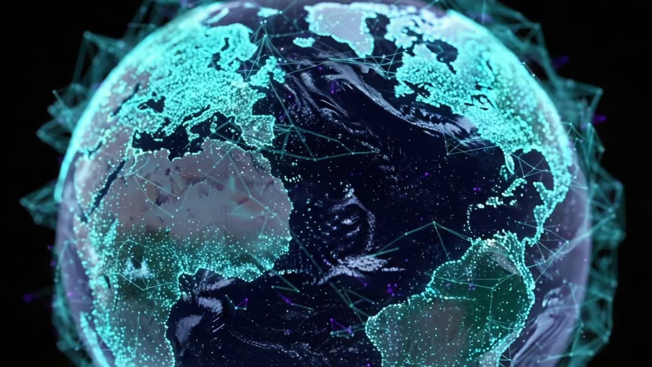 A Stunning Digital Visualization of Earth Highlighting Global Connectivity and Technological Networks with a Beautiful Aquatic Color Palette