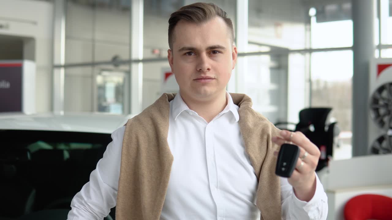 Elegant stylish man showing keys of his new car in dealership