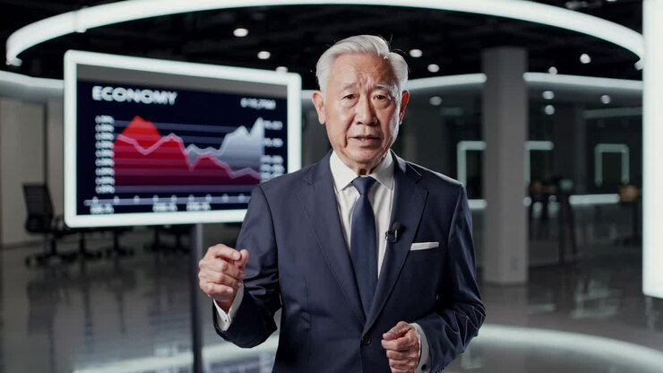 A professional video features a senior man in a suit discussing economics